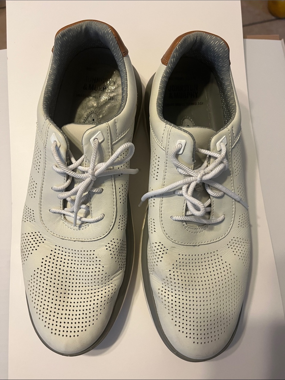 Johnston & Murphy White Perforated Men's Leather Sneakers with Brown Heel Accent